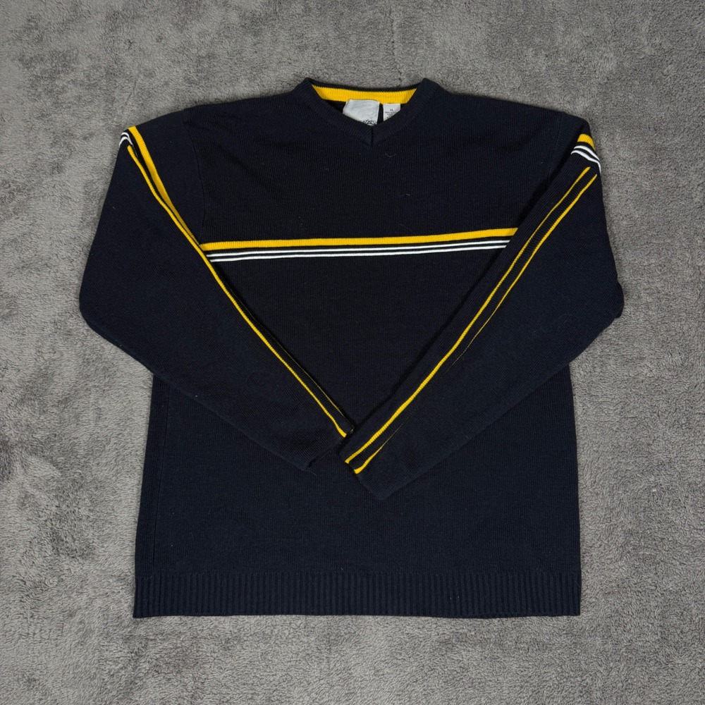 Point Zero Sweater Navy Blue Striped V-Neck Acrylic Knit Skater Y2K Mens XL